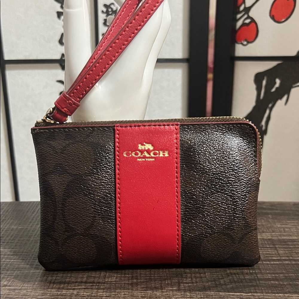 Coach Brown Signature Wristlet with Red Center Stripe